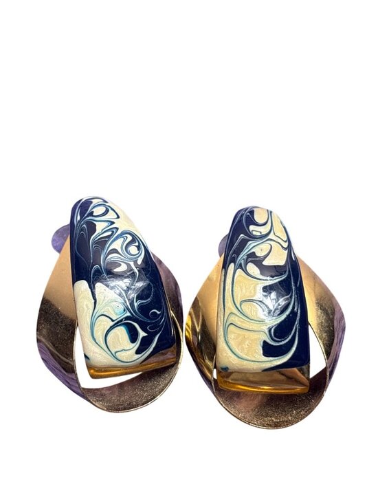 Jewelry - Vtg Goldtone Statement Earrings Cream Navy Blue Swirled Enameled 1.75 inches